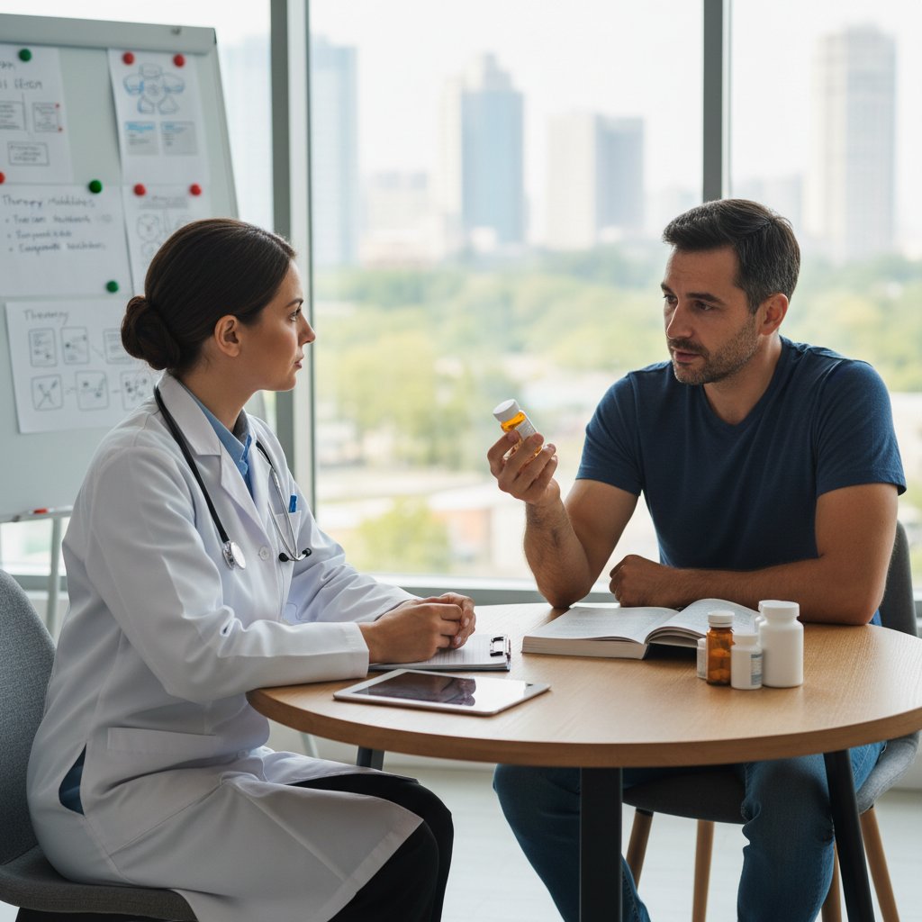 Lekarz podający pacjentowi leki na terapii uzależnień, sterylna atmosfera, zbliżenie na dłonie