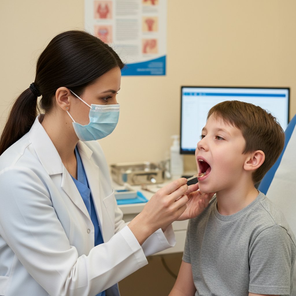 Lekarz sprawdzający stan pacjenta po operacji migdałków