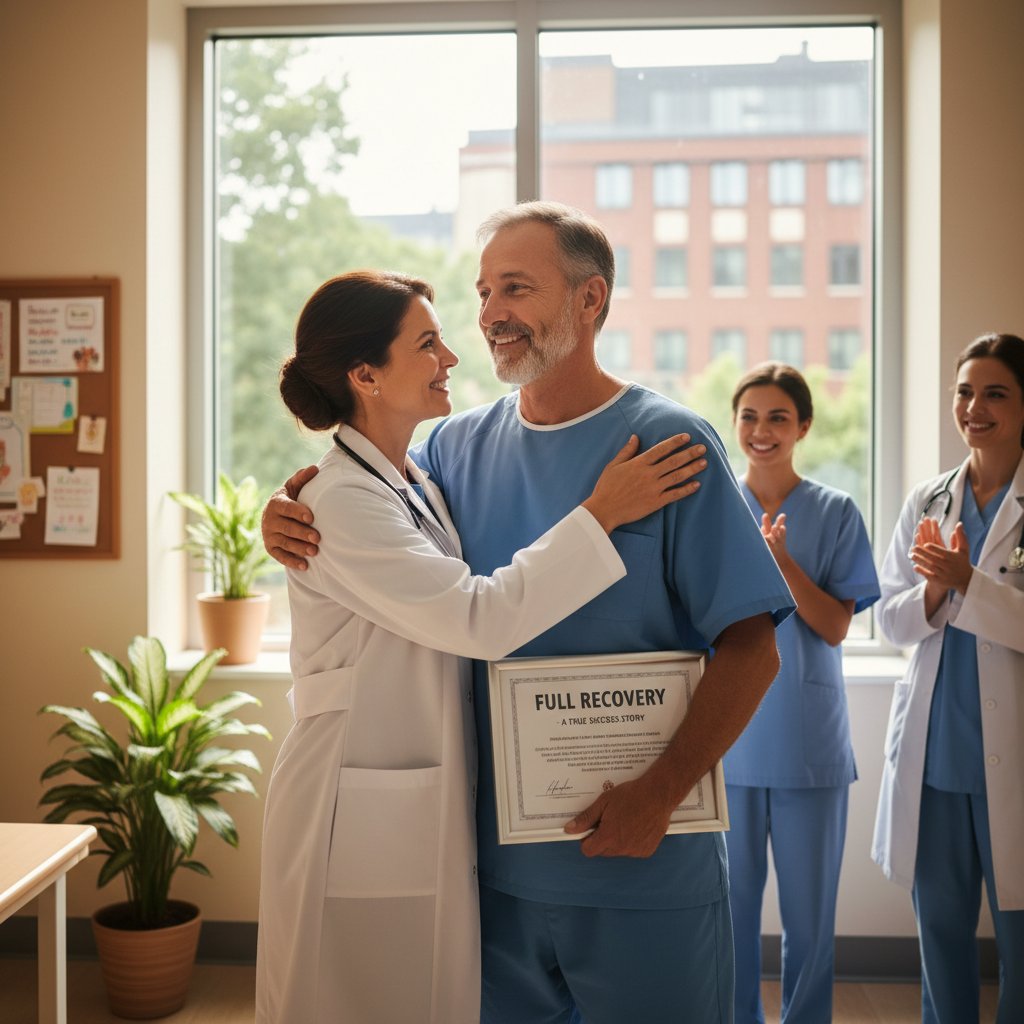 Lekarz rozmawia z pacjentem po udanym leczeniu, emocjonalna chwila podsumowania