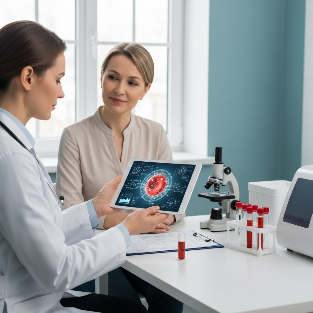 Lekarz i pacjent omawiający wyniki INR na ekranie tabletu