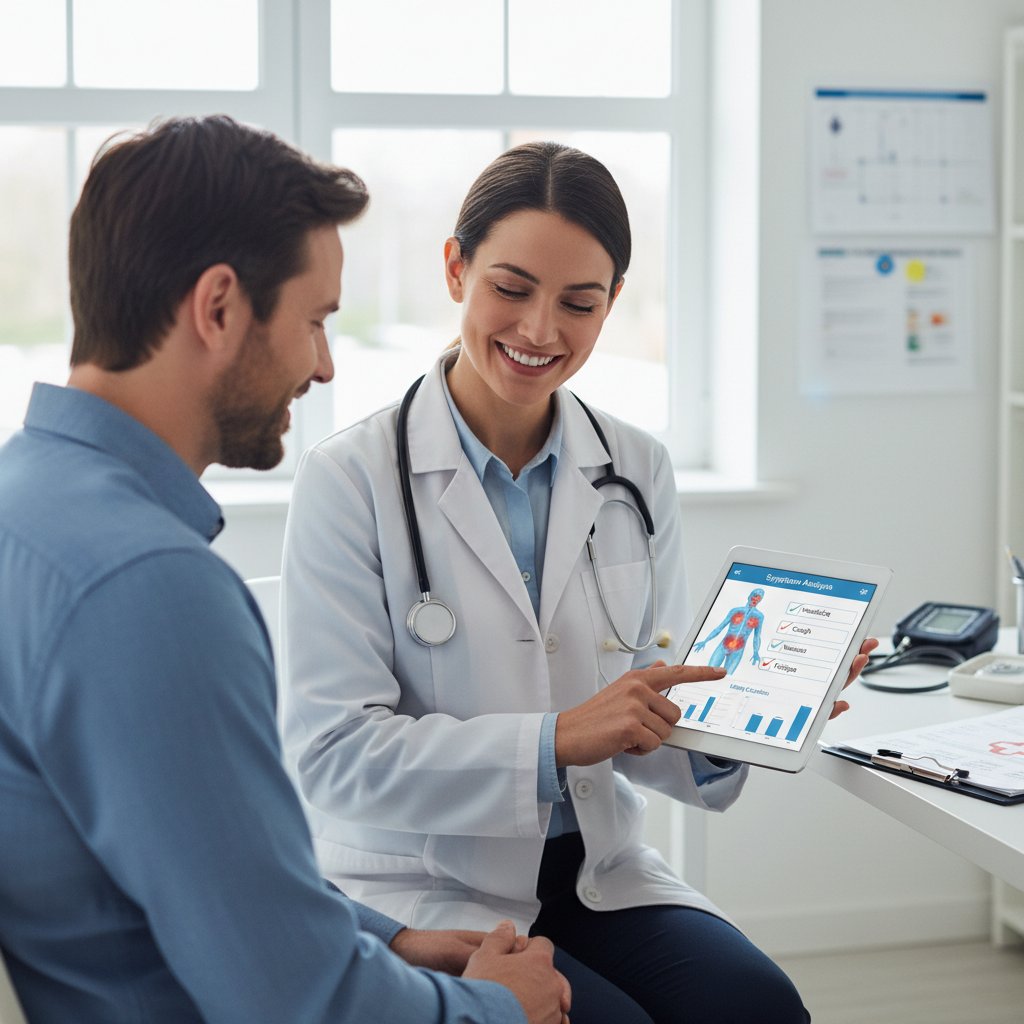 Lekarz i pacjent korzystający wspólnie z tabletu, na którym widać analizę objawów