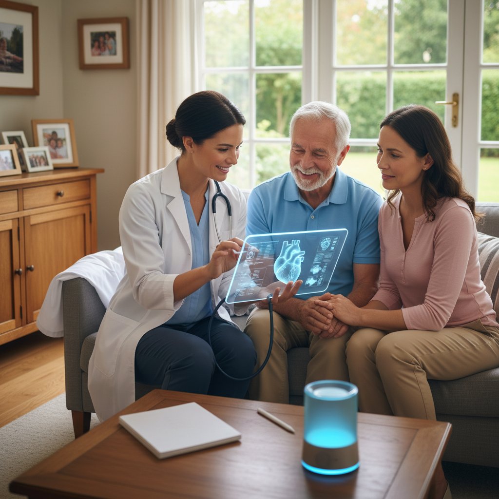 Lekarz i pacjent korzystający z tabletu podczas wizyty domowej, technologia i zaufanie