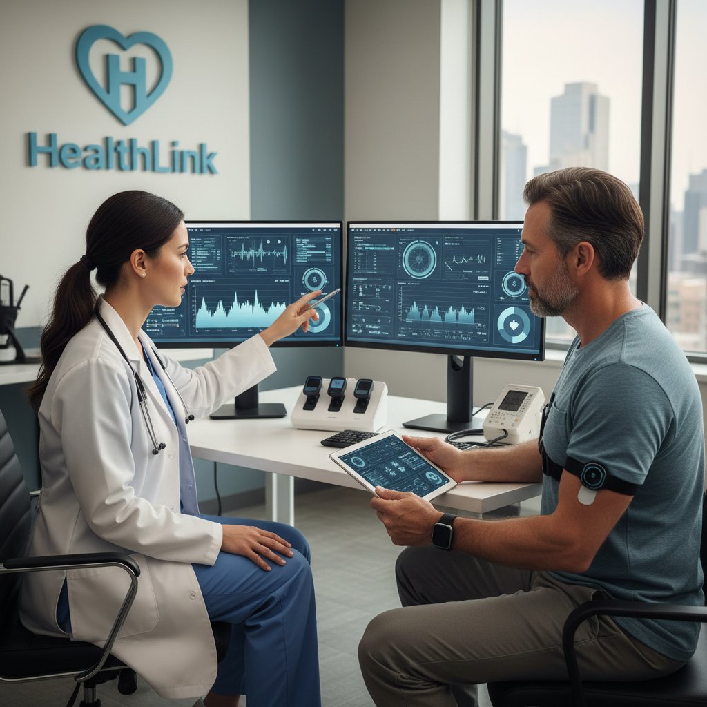 Lekarka analizująca dane z aktygrafu pacjenta, jasne biuro medyczne