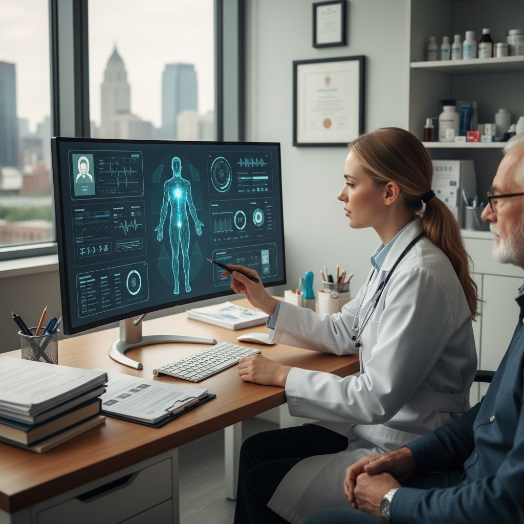 Lekarz analizuje dane pacjentów na ekranie komputera w zintegrowanym systemie medycznym