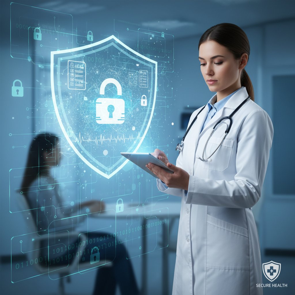 Lekarz przy komputerze analizujący dane pacjenta z zachowaniem prywatności