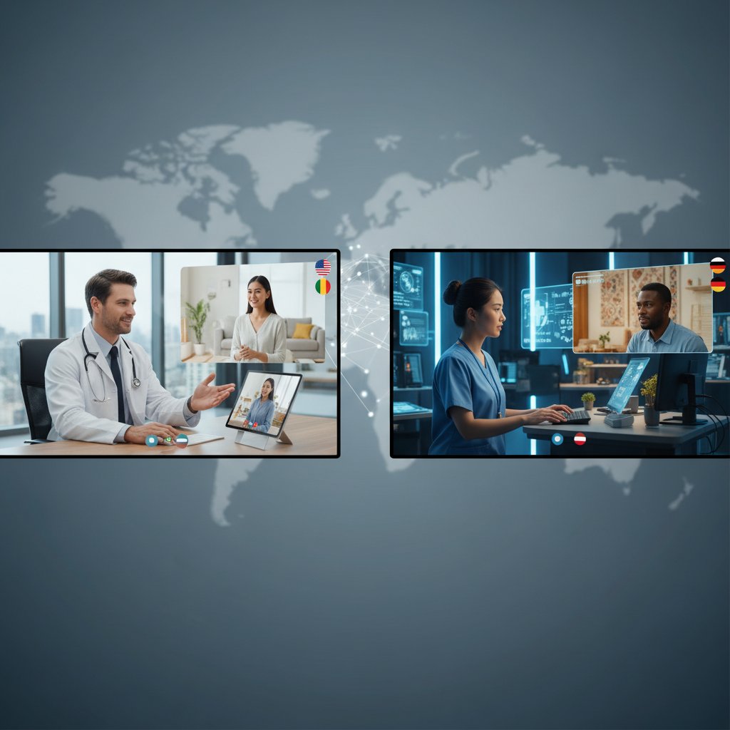 Lekarz rozmawiający online z pacjentem, porównanie międzynarodowe, nowoczesny gabinet