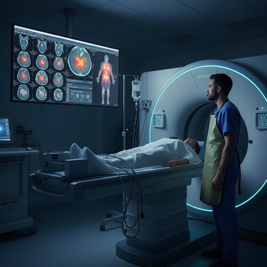 Lekarz obsługujący urządzenie do tomografii PET, pacjent na stole, ekran z obrazem ciała