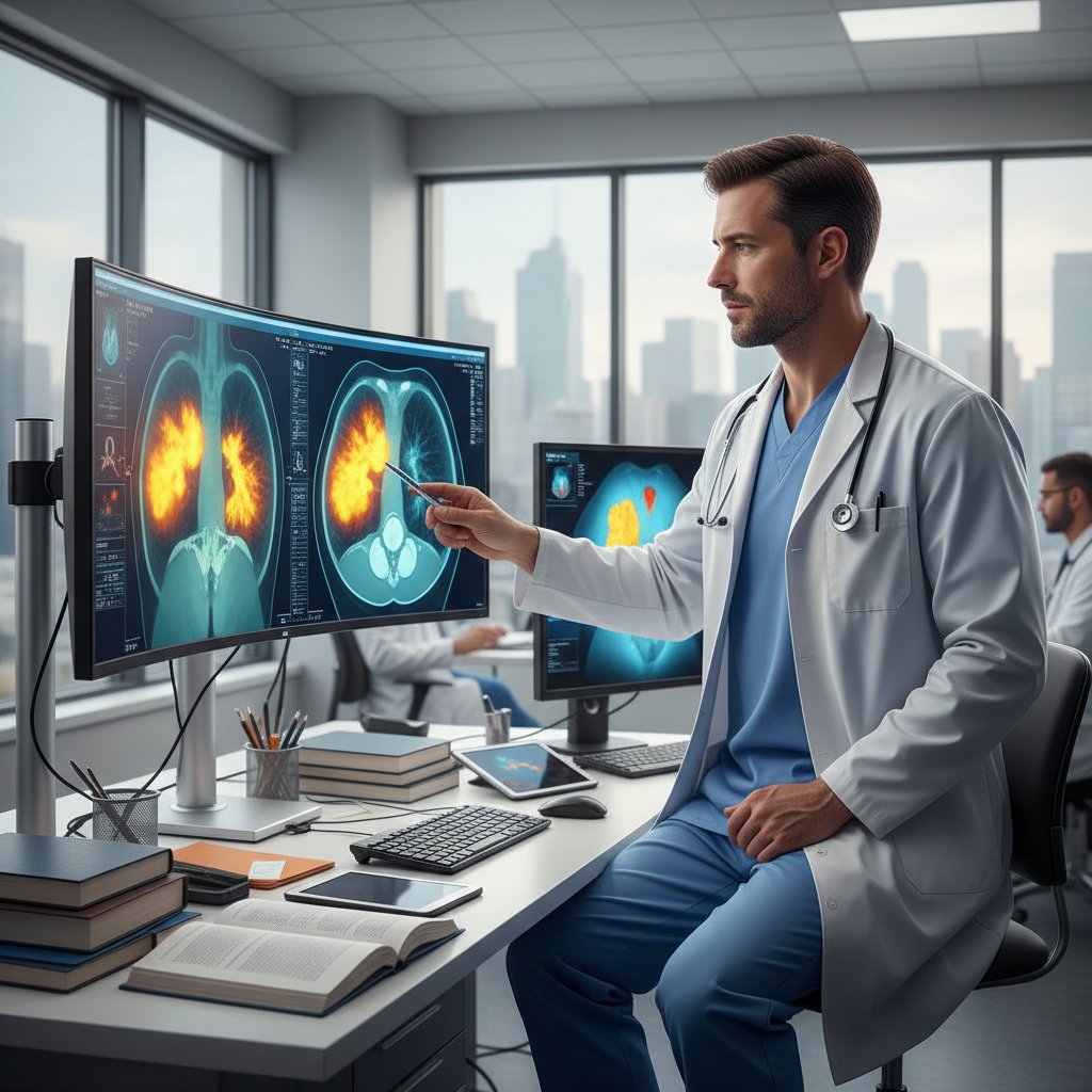 Lekarz analizujący obrazy PET/CT nowotworowego guza na monitorach