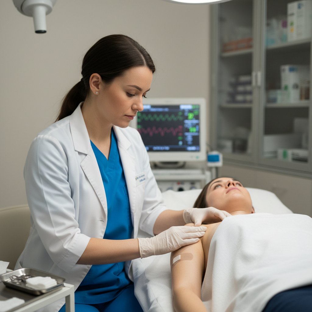 Lekarz badający miejsce po biopsji piersi, konsultacja dotycząca powikłań