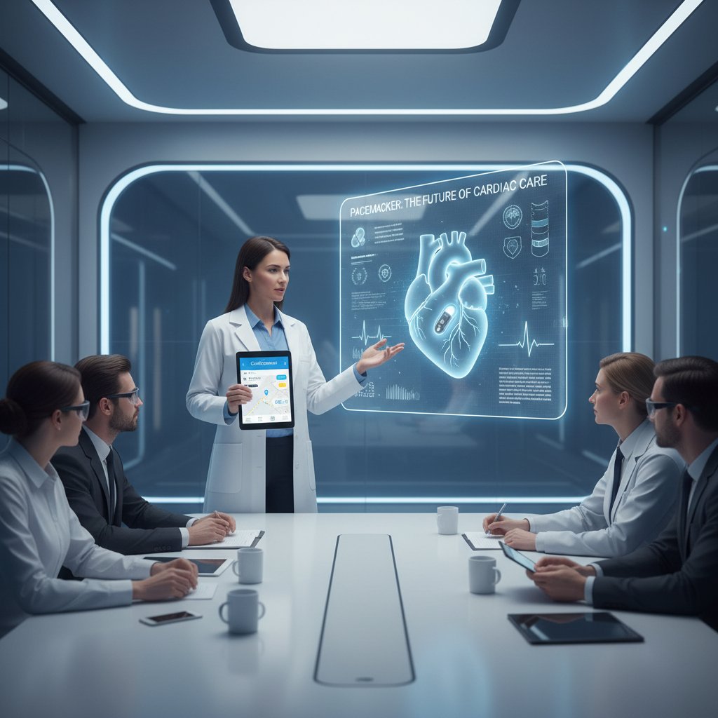 Lekarz prezentujący nowoczesne rozruszniki i aplikacje mobilne