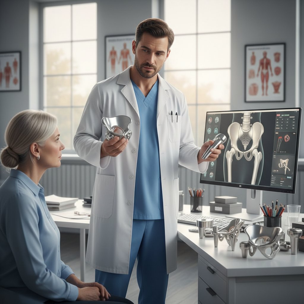 Lekarz prezentujący różne modele endoprotez, sala konsultacyjna, poważna mina