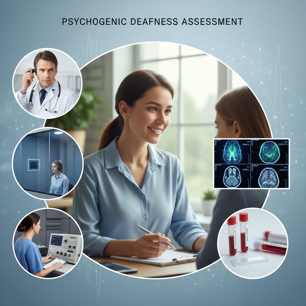 Lekarz i psycholog wspólnie analizują wyniki badań, próbując rozstrzygnąć złożony przypadek utraty słuchu