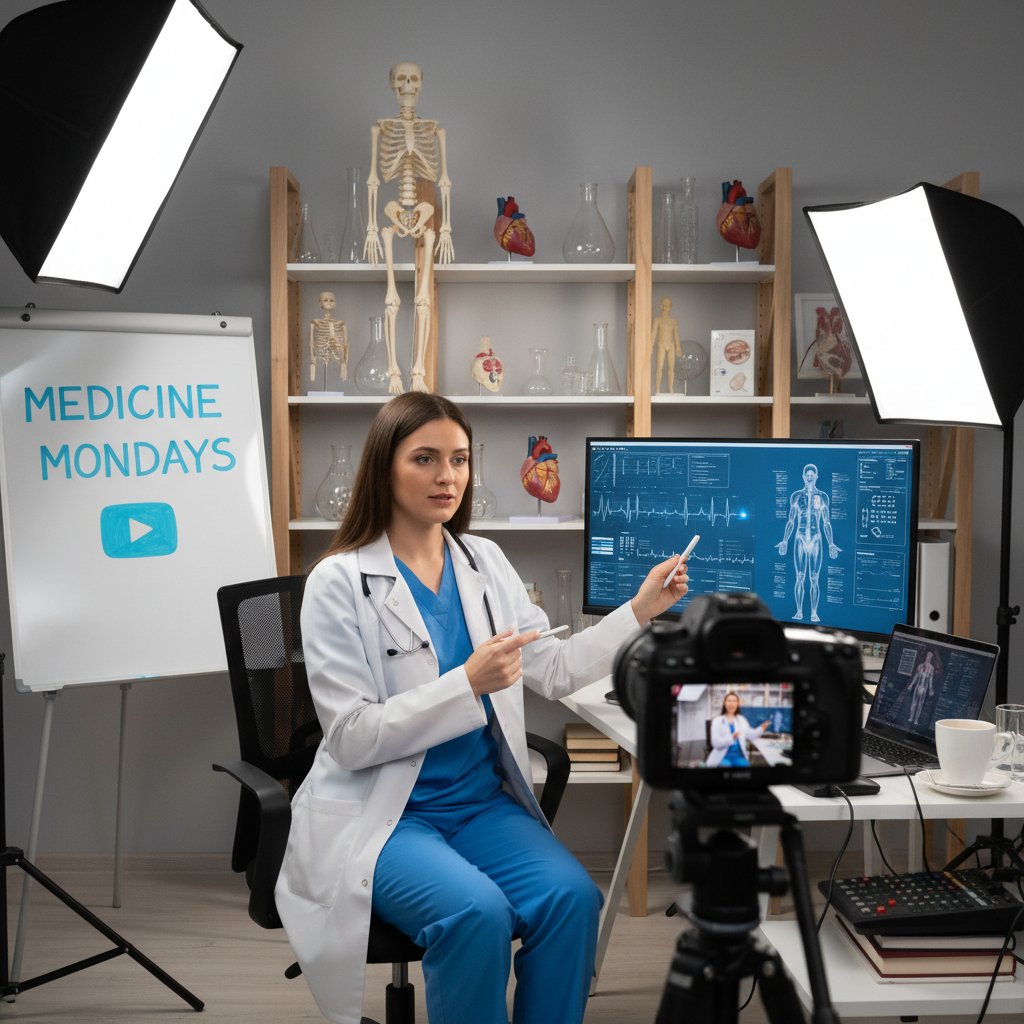 Lekarz nagrywający film na YouTube, sprzęt wideo, medyczne rekwizyty, domowe studio, dynamiczne światło