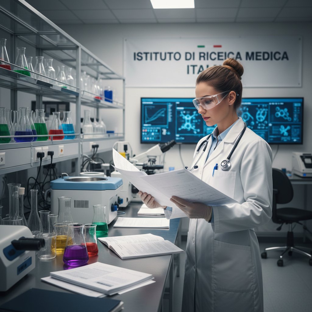 Lekarz i naukowiec w laboratorium analizujący włoskie raporty medyczne