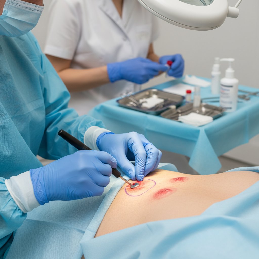 Lekarz wykonujący biopsję skóry pacjenta, zbliżenie na procedurę diagnostyczną pemfigoidu