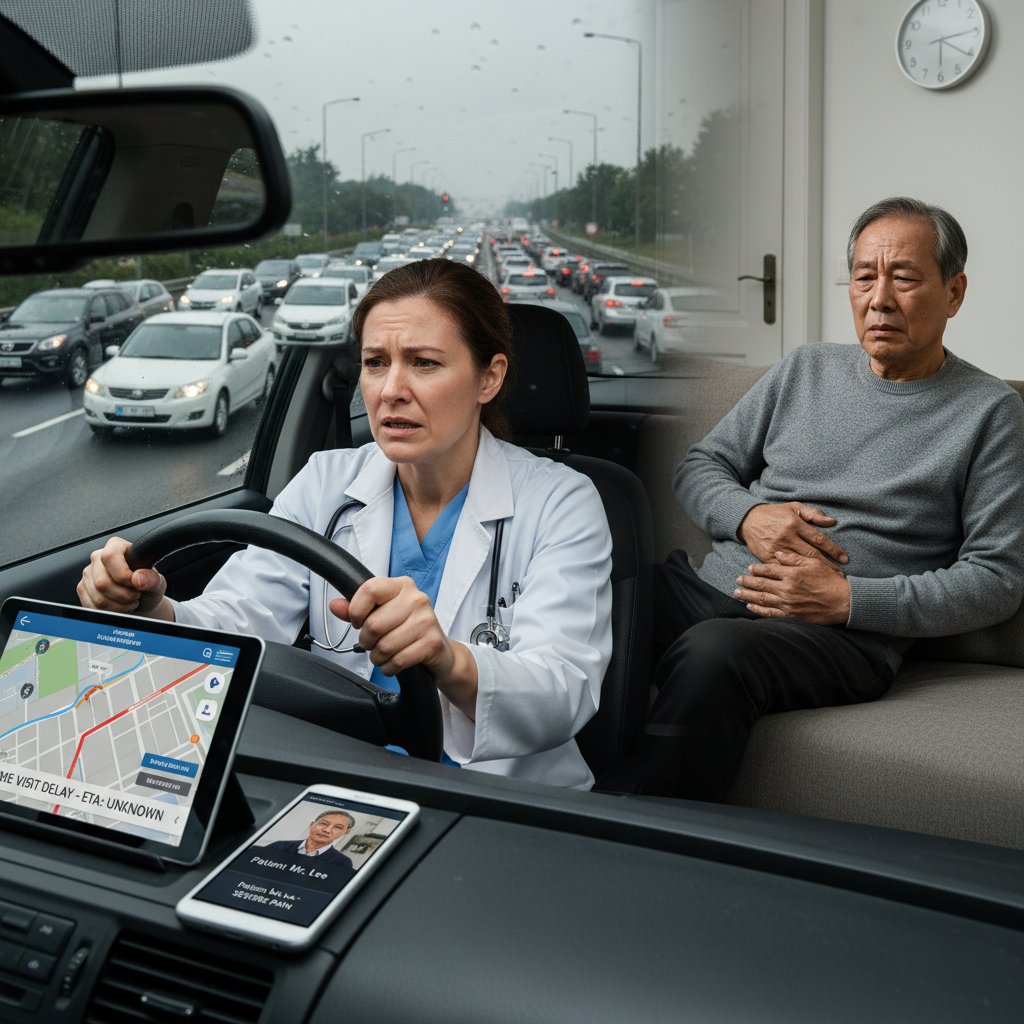 Lekarz utknął w korku, opóźnienie wizyty domowej, stres pacjenta