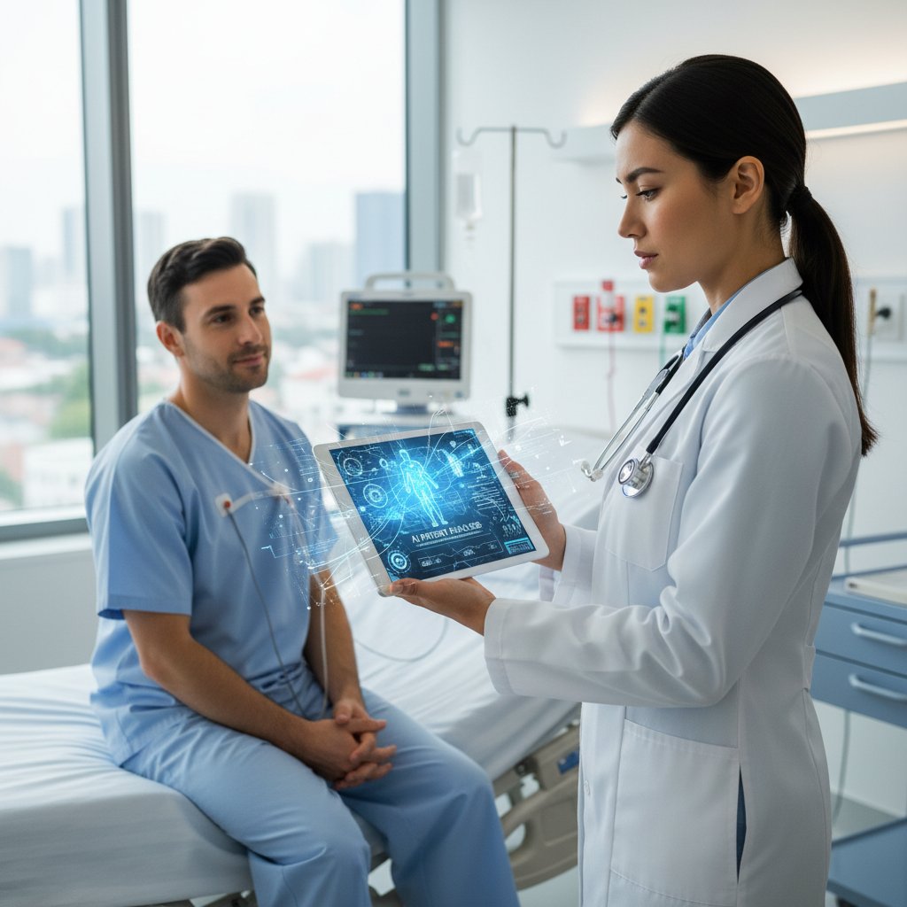 Lekarz korzystający z tabletu do analizy wyników pacjenta i wsparcia diagnostycznego przez AI