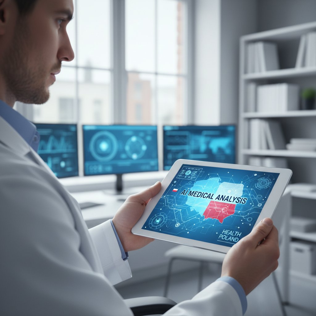 Lekarz korzystający z tabletu i AI w analizie danych medycznych – wpływ sztucznej inteligencji na zdrowie w Polsce