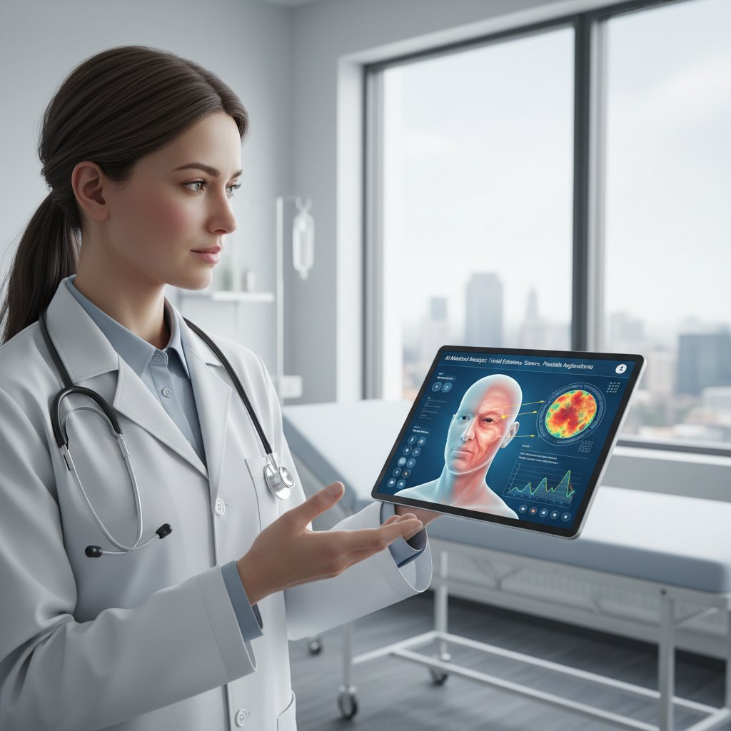Lekarz przeglądający wyniki na tablecie, obok ekran z aplikacją AI analizującą zdjęcie opuchniętej twarzy