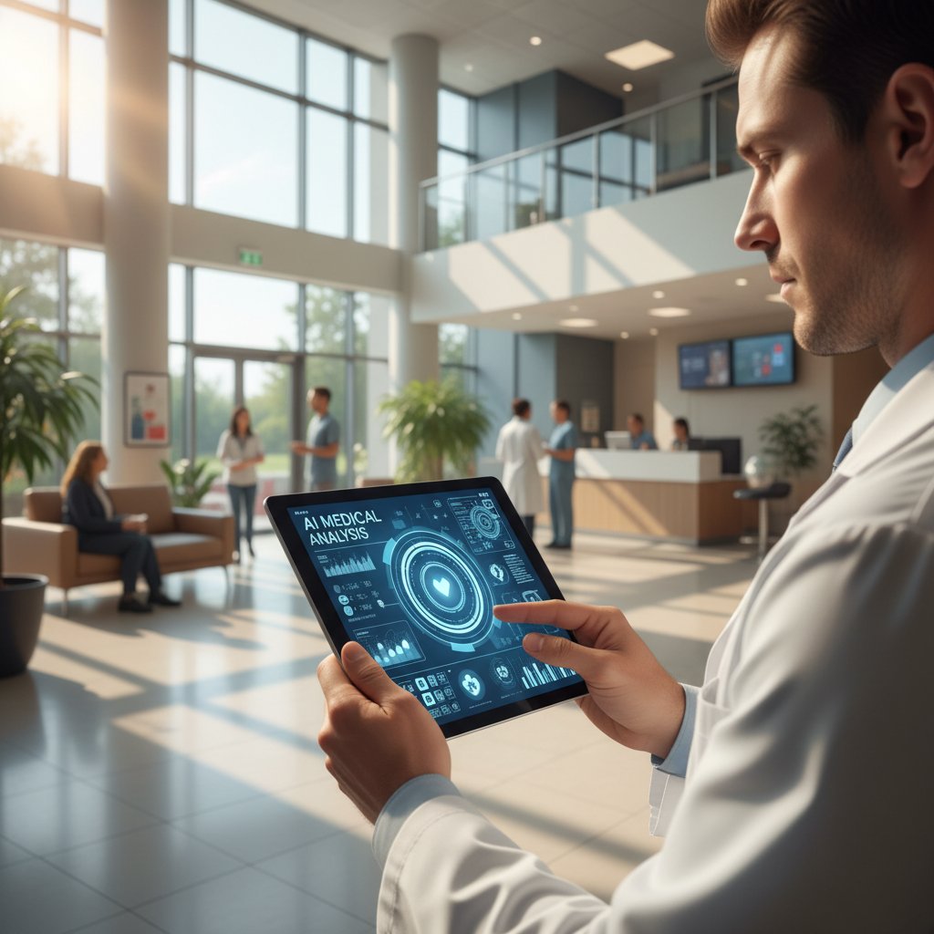 Lekarz korzystający z tabletu, na ekranie analiza medyczna AI, tło szpitalne, światło dzienne