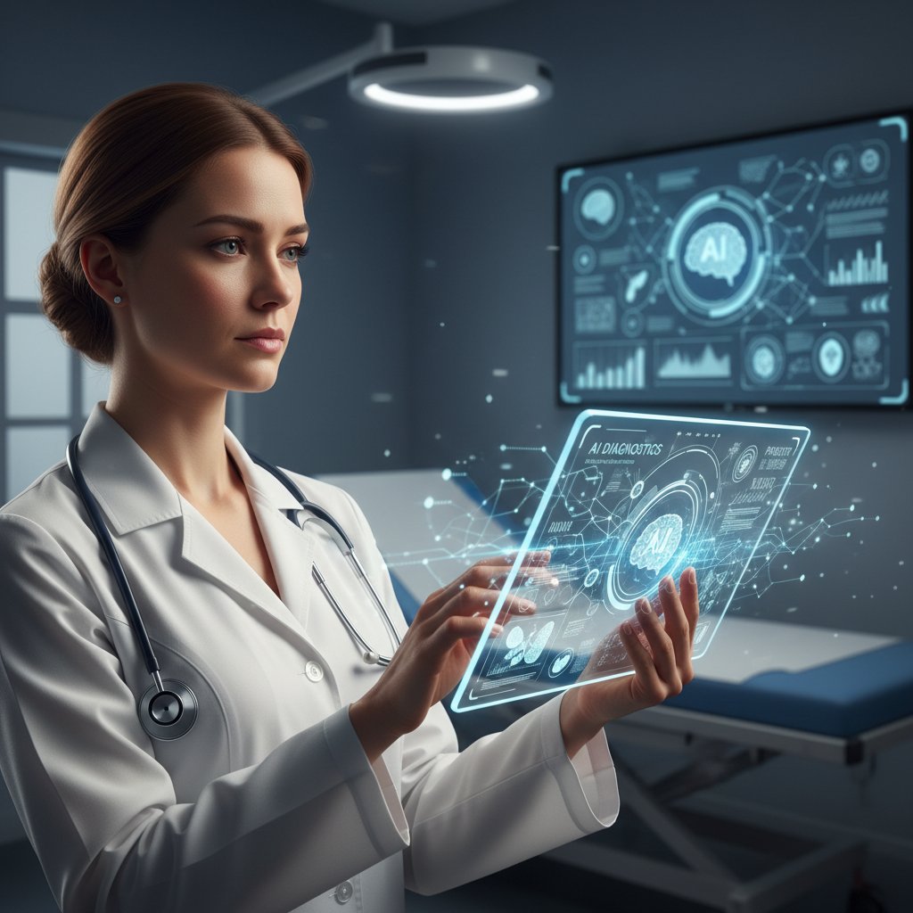 Lekarz korzystający z tabletu i AI do analizy wyników badań jaskry