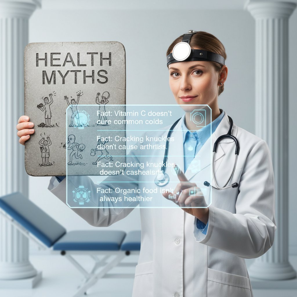 Lekarz z rezygnacją przeglądający internetowe mity o chorobach na tablecie; klimat ironiczny, temat: mity zdrowotne