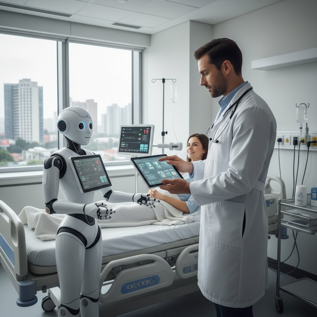 Lekarz z tabletem i robotem asystującym przy łóżku pacjenta