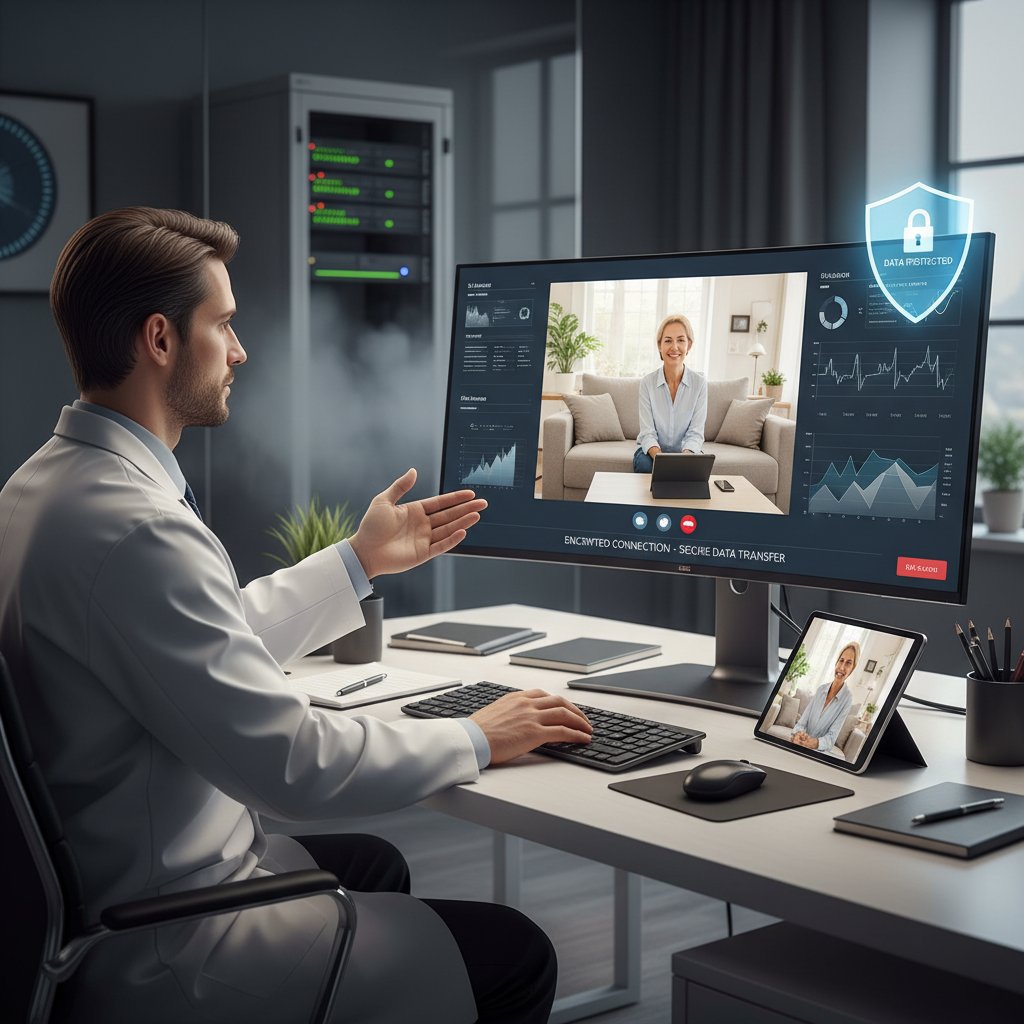 Lekarz prowadzący teleporadę, ekran komputera z zabezpieczeniami danych, pacjent w domu