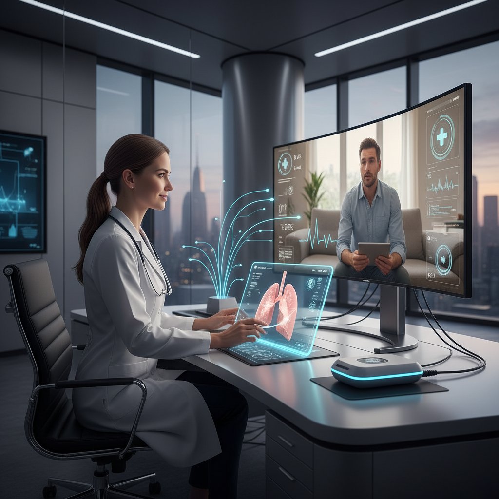 Lekarz rodzinny online konsultujący się z pacjentem w nowoczesnym gabinecie