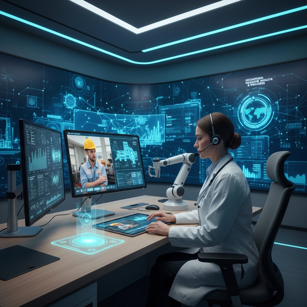 Lekarka siedząca przed komputerem prowadzi zdalną konsultację z pacjentem podczas badania wstępnego online