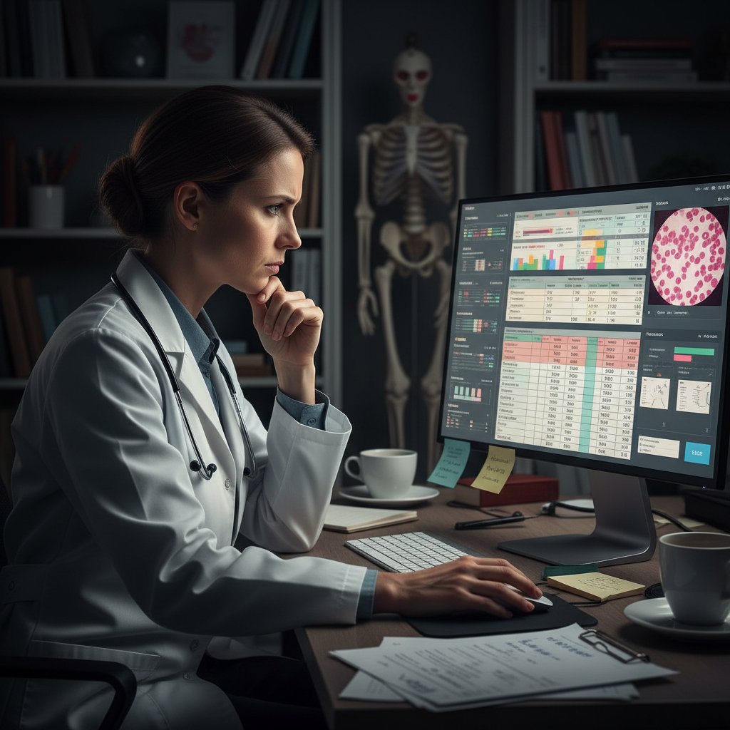 Lekarz z zamyślonym wyrazem twarzy analizujący wyniki badań peptydu C na ekranie komputera