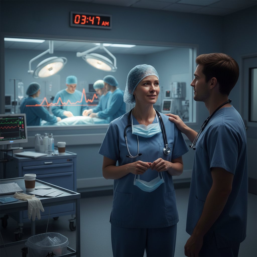 Lekarz zmęczony po nocnym dyżurze, biurko z komputerem, symbol wymagających branż