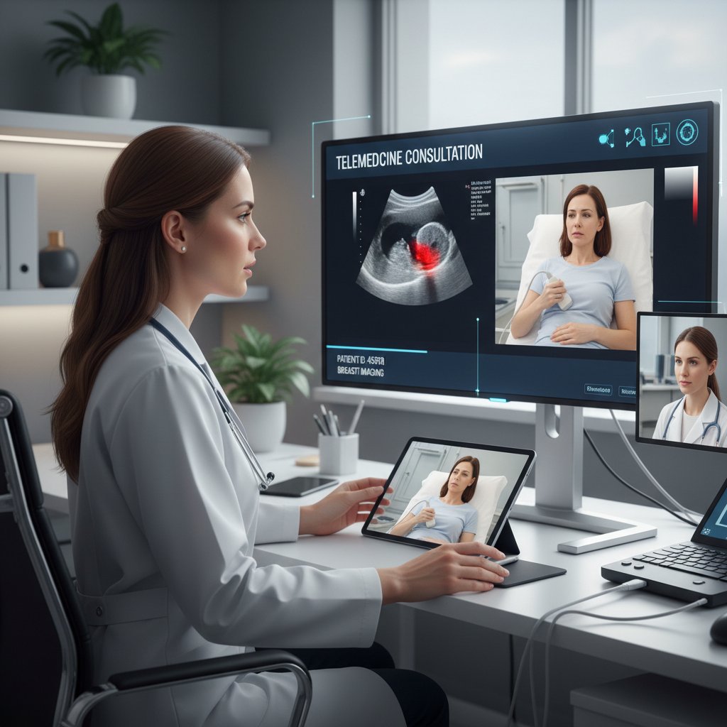 Lekarz analizujący obraz USG piersi na komputerze w zdalnej konsultacji
