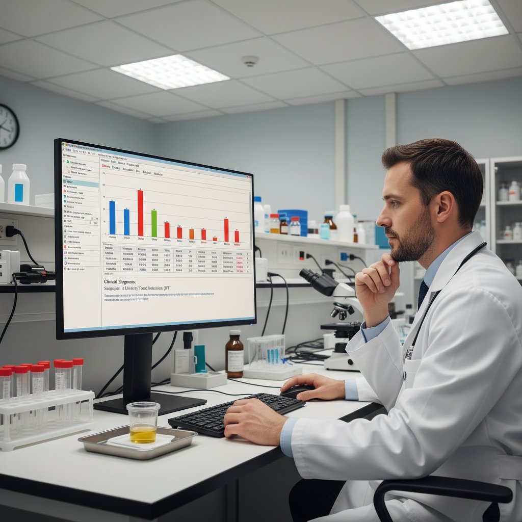 Zdjęcie lekarza analizującego wyniki badań moczu na ekranie komputera – symbol profesjonalnej diagnostyki urologicznej