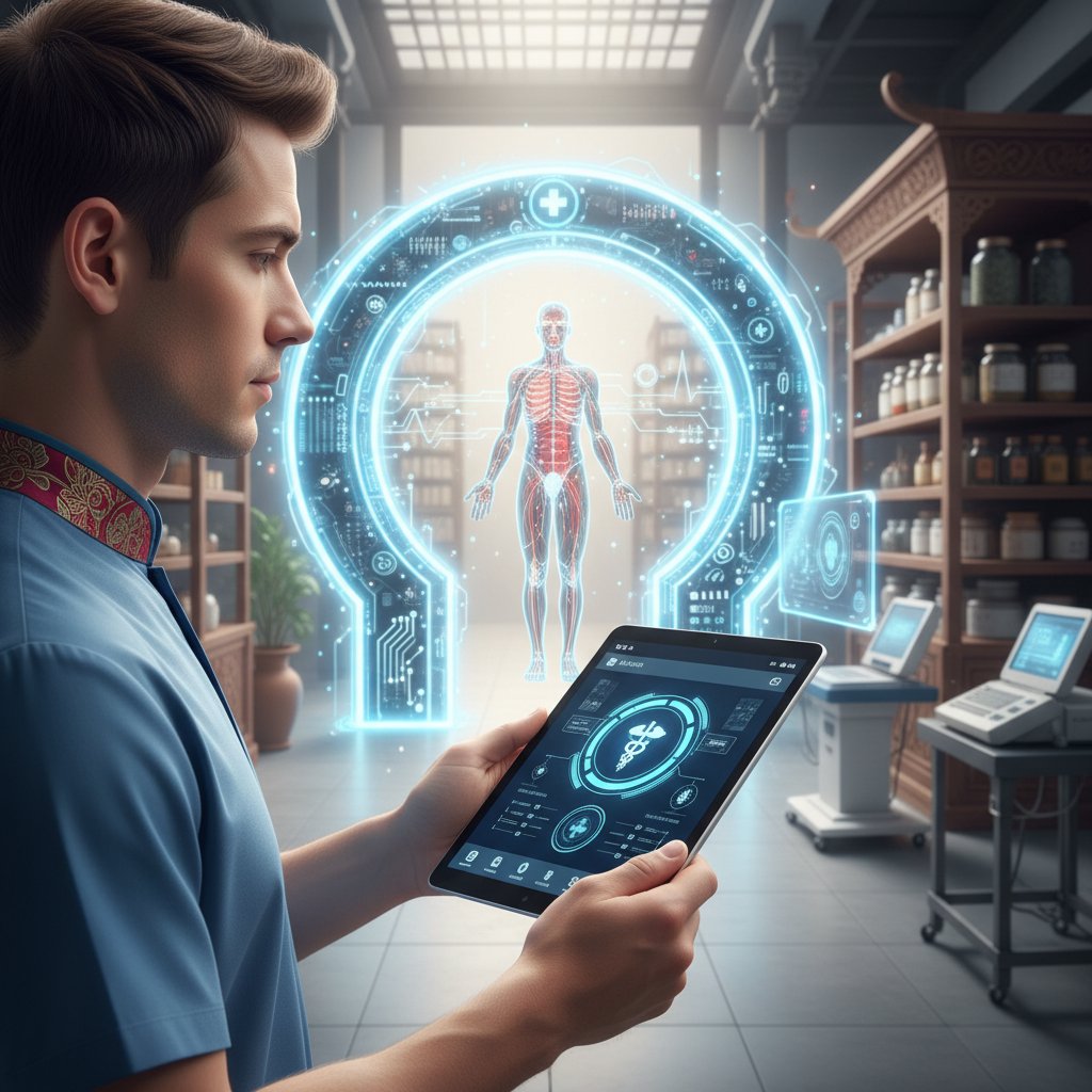 Lekarz i młoda osoba dzielący się tabletem z aplikacją zdrowotną, symboliczne połączenie tradycji i technologii