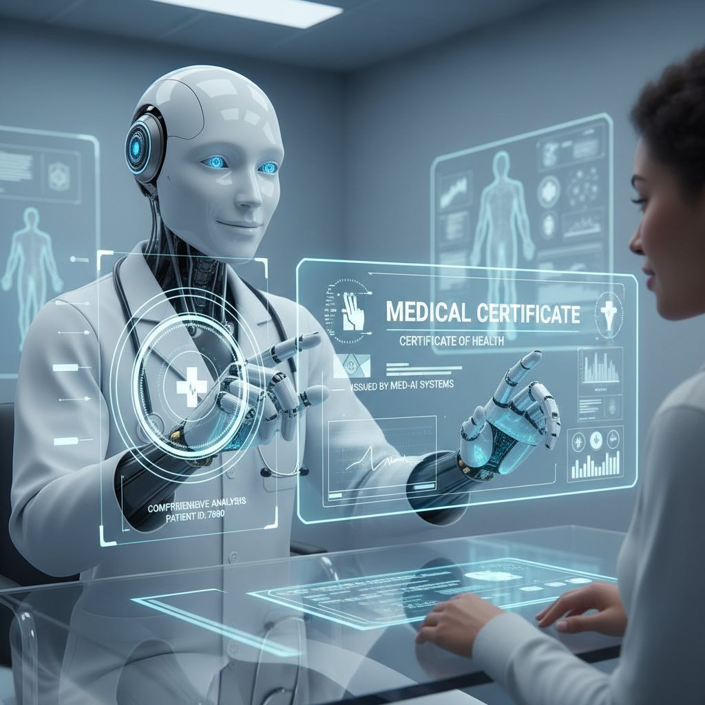 Lekarz korzystający z AI w analizie medycznej, komputer, zaświadczenie