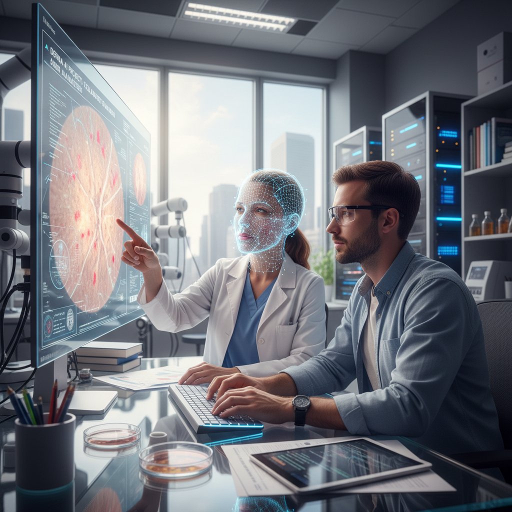 Lekarz dermatolog i programista AI analizują zdjęcie skóry na dużym ekranie