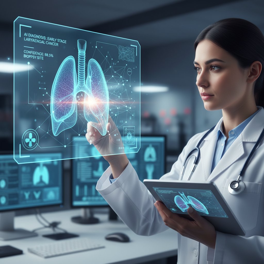 Nowoczesny sprzęt medyczny z ekranem AI, lekarz analizuje obraz krtani