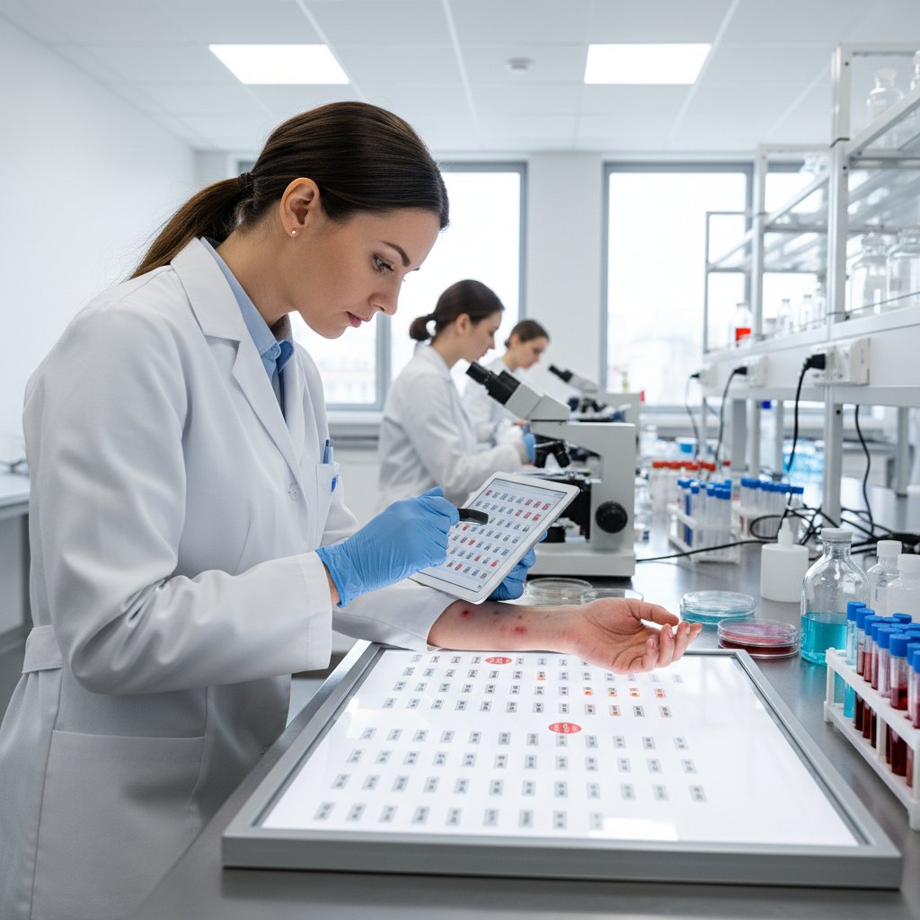 Lekarz badający wyniki nowoczesnych testów alergologicznych na ekranie tabletu, laboratorium badawcze