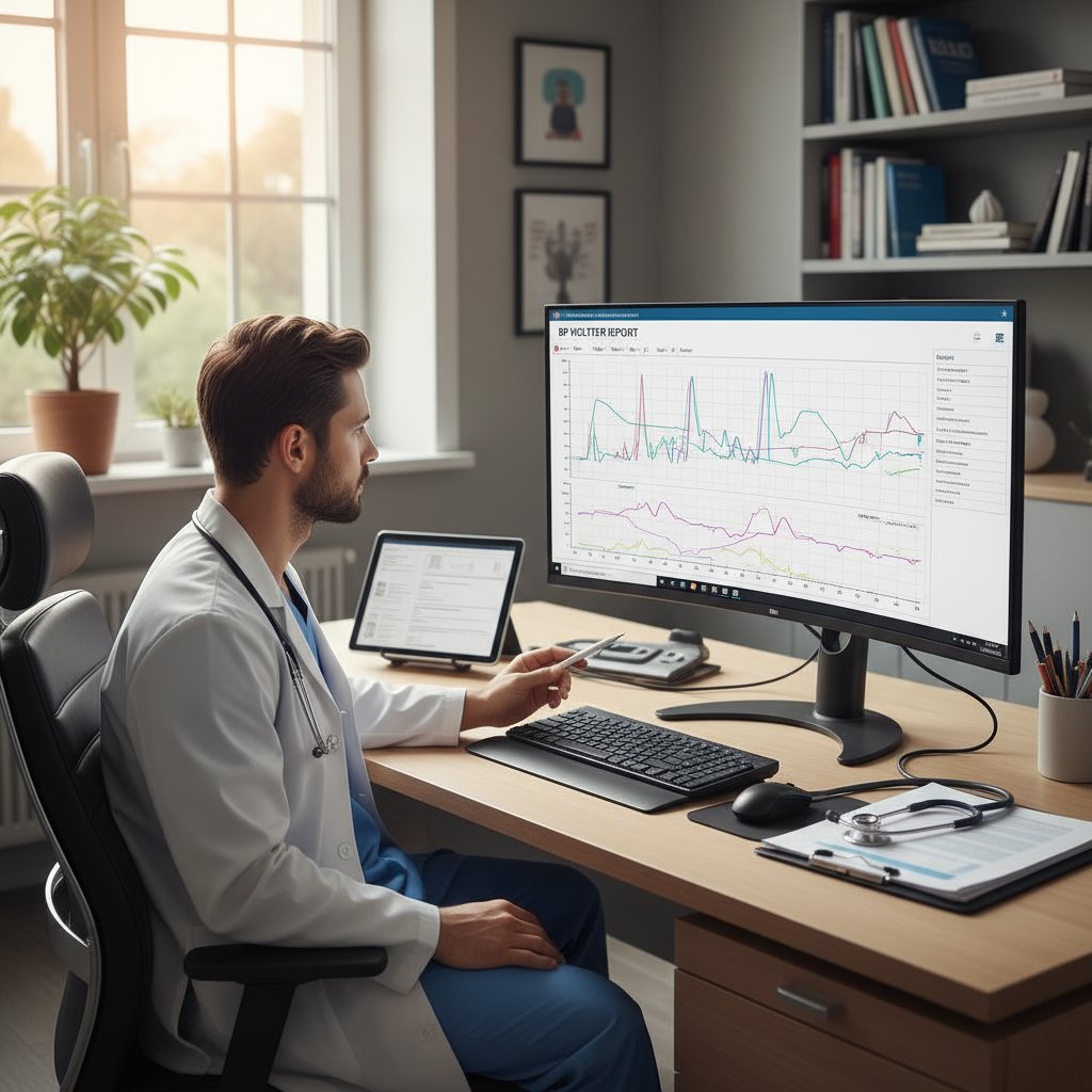 Raport z holtera ciśnieniowego analizowany przez lekarza na ekranie komputera