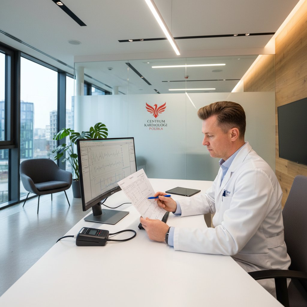 Lekarz analizuje raport z holtera ciśnieniowego w nowoczesnej polskiej klinice