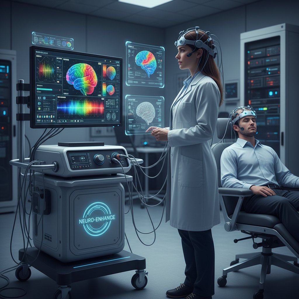 Lekarz analizuje sygnały mózgowe pacjenta podłączonego do komputera, interfejs mózg-komputer, stymulator mózgu