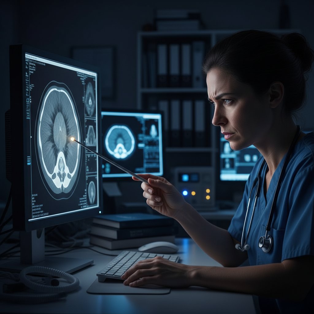 Lekarz analizuje zdjęcie tomografii komputerowej głowy w ciemnym gabinecie, diagnostyka krwiaka nadtwardówkowego