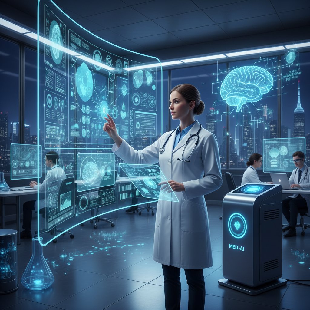 Lekarz analizujący wyniki badań na ekranie obok wyświetlonego systemu AI