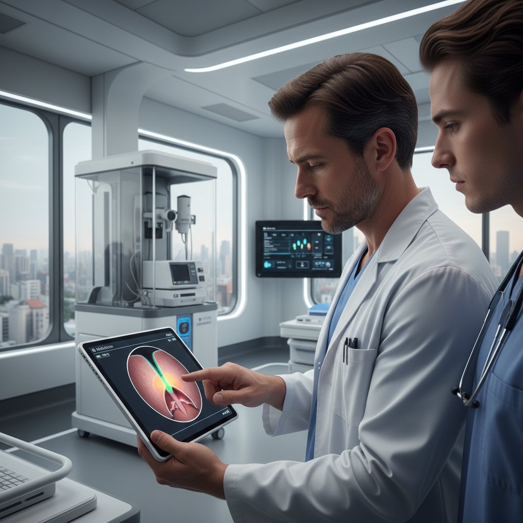 Lekarz analizuje wyniki laryngoskopii na tablecie, nowoczesny szpital, AI