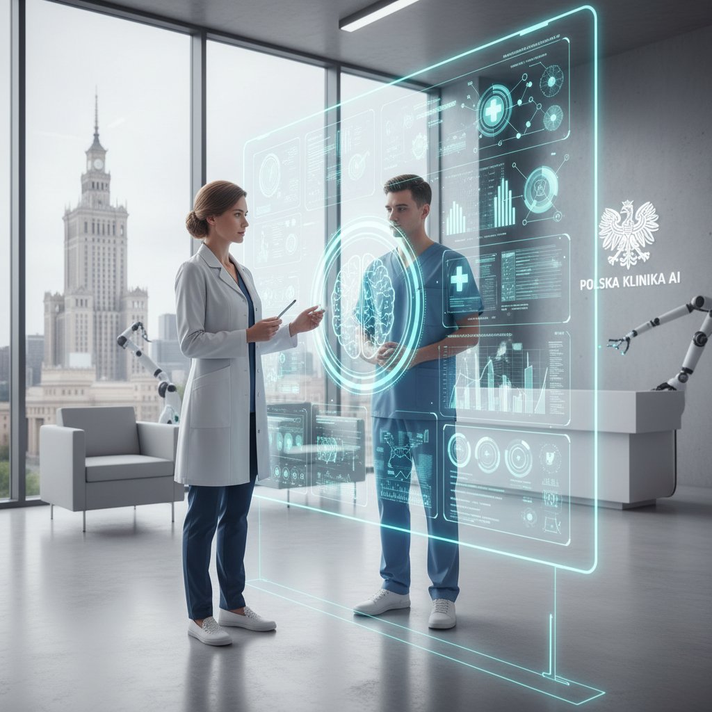 Lekarz analizujący dane pacjenta na tablecie, sztuczna inteligencja, polska klinika, nowoczesne technologie