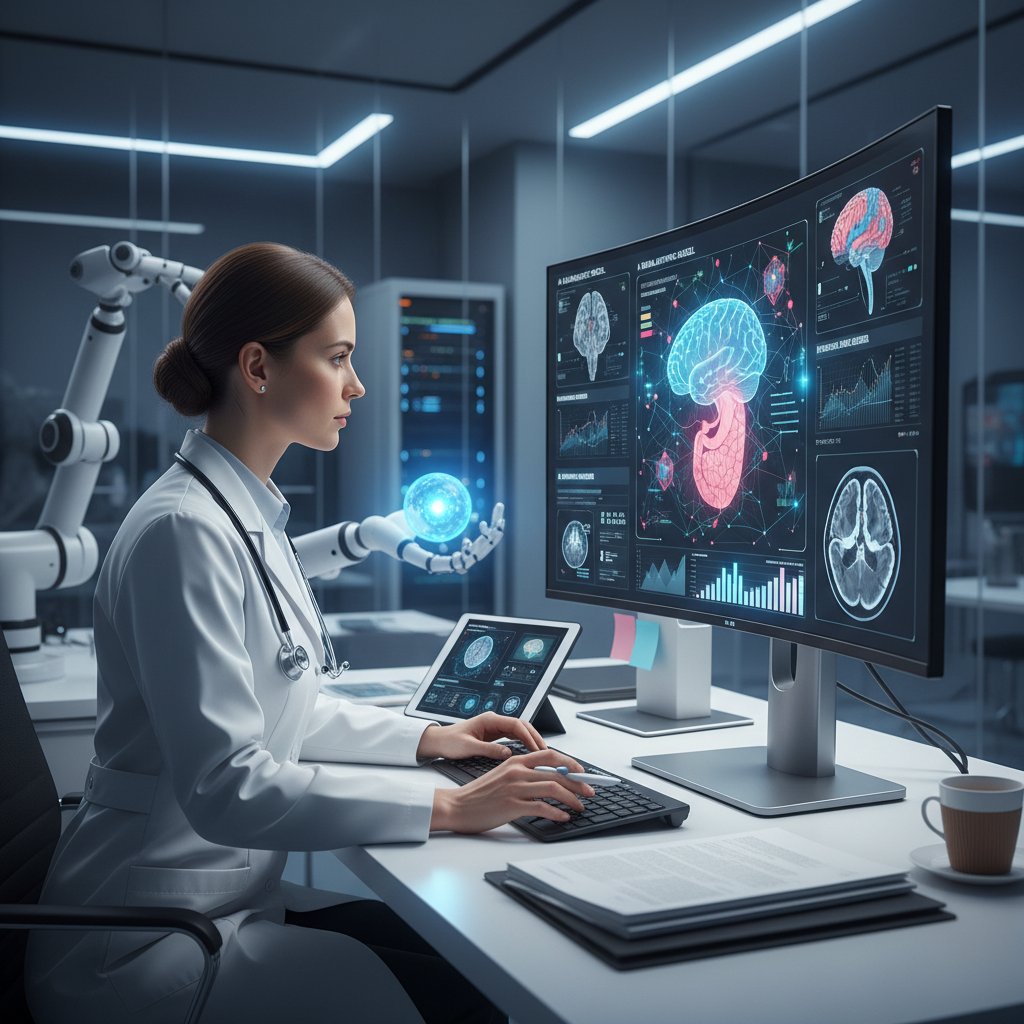 Lekarz analizuje wyniki badań z pomocą AI, ekran wyświetla modele diagnostyczne