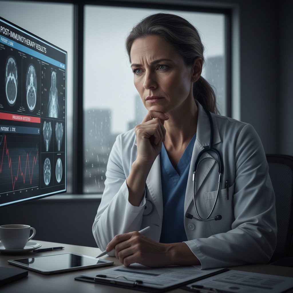Lekarz analizujący wyniki badań pacjenta po immunoterapii, atmosfera niepokoju