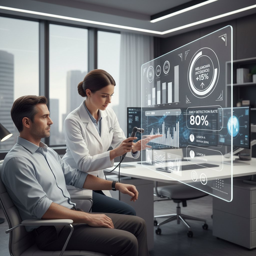Lekarz analizujący zdjęcia zmian skórnych na monitorze, statystyki zachorowań na czerniaka, nowoczesne wnętrze gabinetu