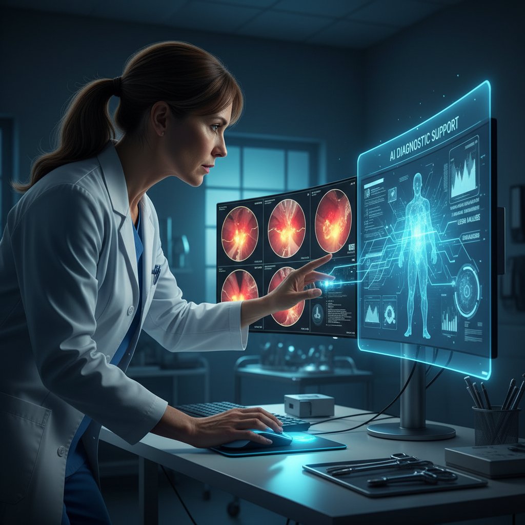 Lekarz analizuje zdjęcia z torakoskopii na monitorze wspieranym przez AI